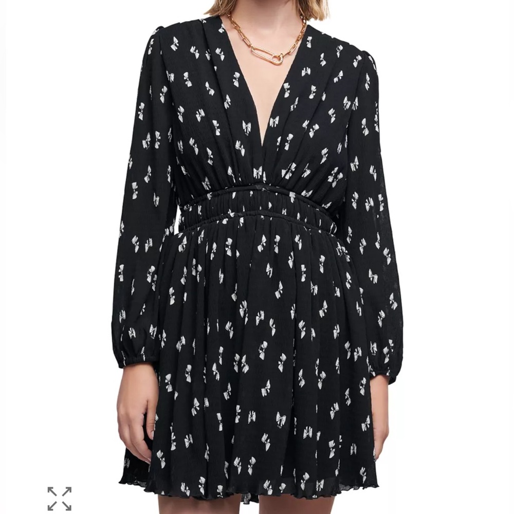 Maje Riomana Bow Print Dress Size 38/6 Black White Long Sleeve Mini Feminine